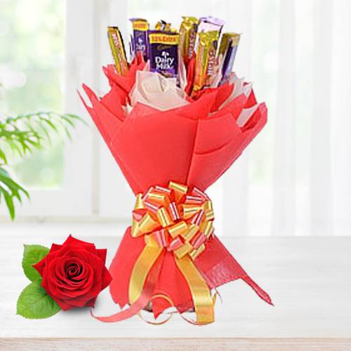 Luscious Chocolate Bouquet of Six Cadbury Dairy Milk N Six Cadbury Five Star with Free Single Red Rose