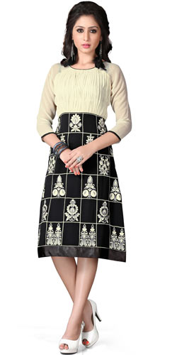 Charming Georgette Embroidered Kurti in Beige and Black Colour