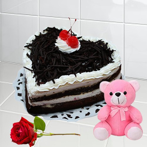 Tasty Heart-Shaped Black Forest Cake with Teddy N Rose