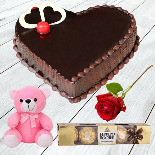 Chocolate Cake with Single Rose Teddy N Ferrero Rocher