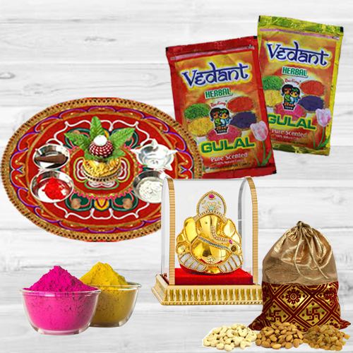 Fun Filled Holi Puja Thali with Herbal Gulal Ganesh Mandap N Dry Fruits Polti