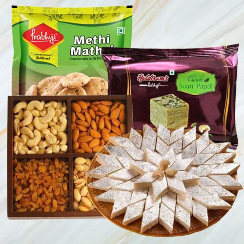 Alluring Gift Basket of Dry Fruits Haldiram Sweets n Snacks