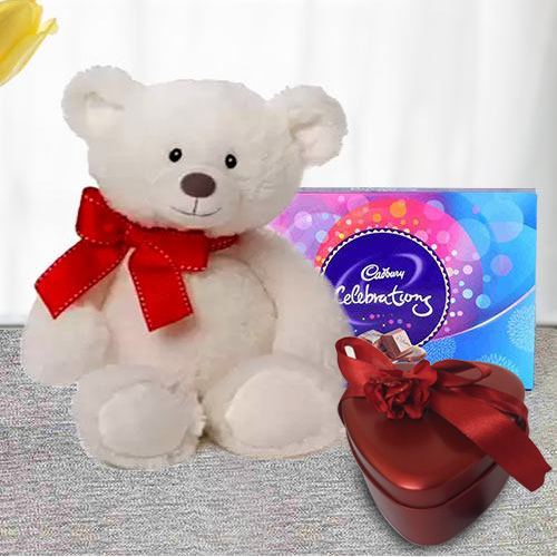 Big White Teddy with Cadbruy Chocolates With Heart Shape Red Tin Box of Handmade Chocolates