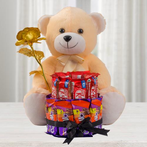 Premium Teddy with Golden Rose n 2 Tier Chocolate Arrangement