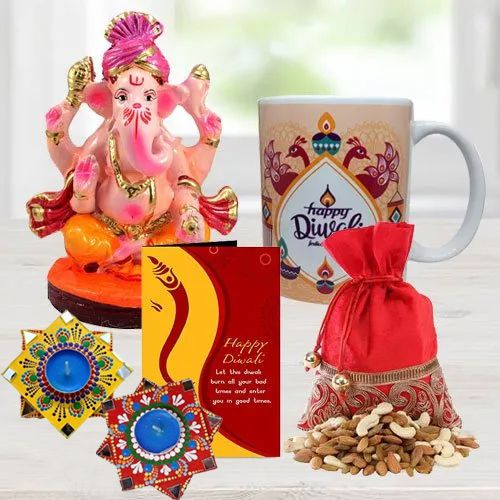 Auspicious Ganesh Laxmi Idol with Personalized Coffee Mug Dry Fruits Handmade Diya Set n Free Diwali Greetings Card