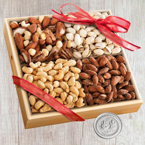 Exclusive Wooden Tray of Assorted Premium Salted Dry Fruits Free Coin for Diwali