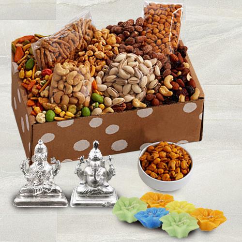 Unique Gift Box of Dried Fruits n Gourmet Silver Plated Ganesh Lakshmi Idol  N  Wax Diya