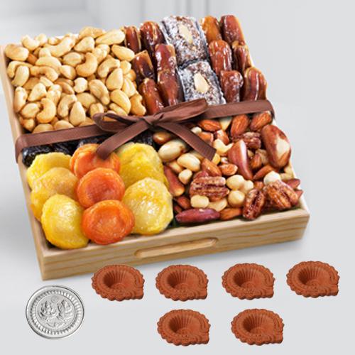Exclusive Diwali Snacks Time Dry Fruits Platter with Diya n Free Coin