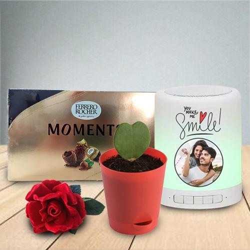 Admirable Gift of Personalized Photo Bluetooth Speaker with Chocolate N Heart Plant