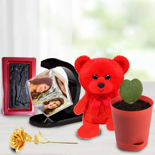 Beautifying V-day Gift of Personalized Photo Revolving Stand with Plant, Chocolate n Roses