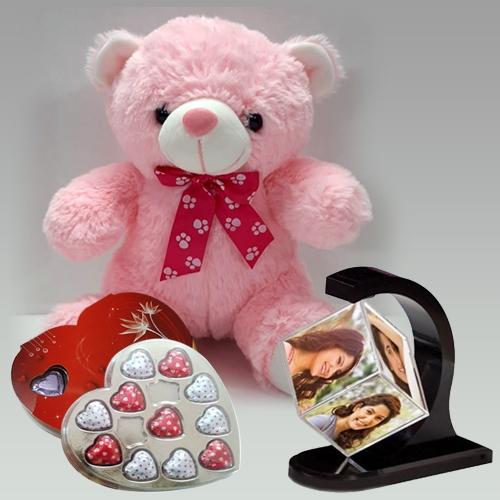 Ravishing Valentine Gift of Personalized Photo Revolving Stand with Teddy n Chocolate