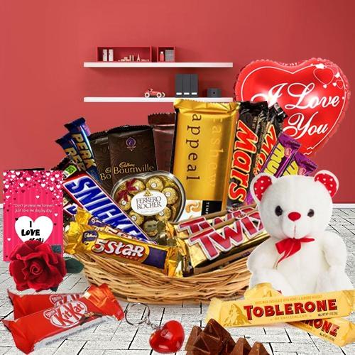 Exceptional Gift Basket of Assorted Chocolates with V-Day Essentials