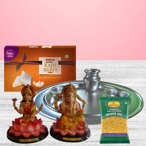 Blissful Puja Thali with Haldiram Kaju Barfi N Laxmi Ganesh Idol