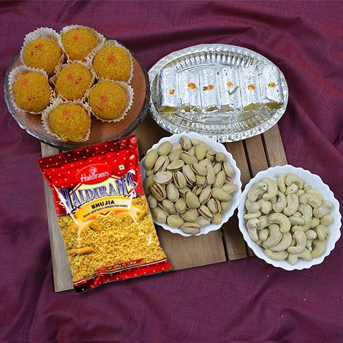 Alluring Puja Thali with Haldiram Sweets Snacks n Dry Fruits