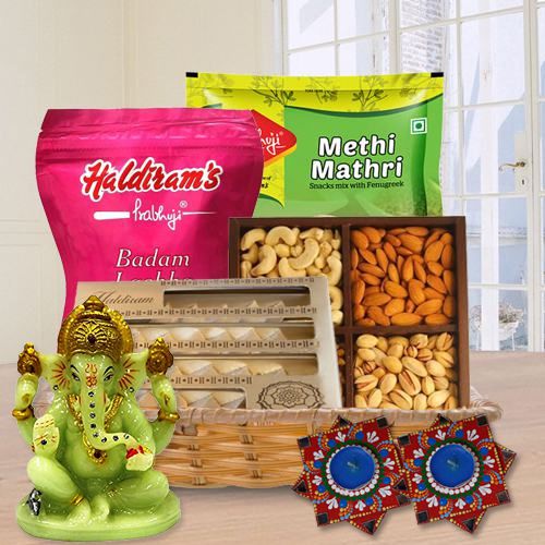 Special Diwali Gift Hamper of Dry Fruits Haldriam Sweets Ganesh Idol  N  Dot Mandala Art Diya