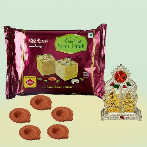 Joyful Diwali Gift of Laxmi Ganesh Mandap with Haldiram Soanpapdi n Mud Diya