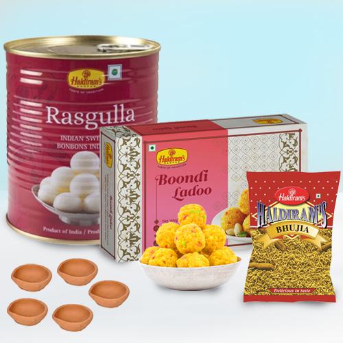 Delicious Haldiram Rasgulla Boondi Ladoo n Bhujiya with Mud Diya