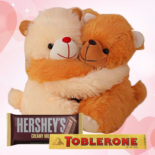 Cute Cuddling Teddy Toblerone n Hersheys Chocolate Gift Combo