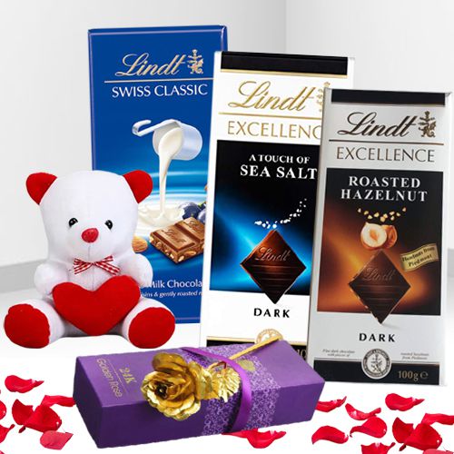 Valentine Gift of Lindt Chocolates with Golden Rose n Colorful Teddy