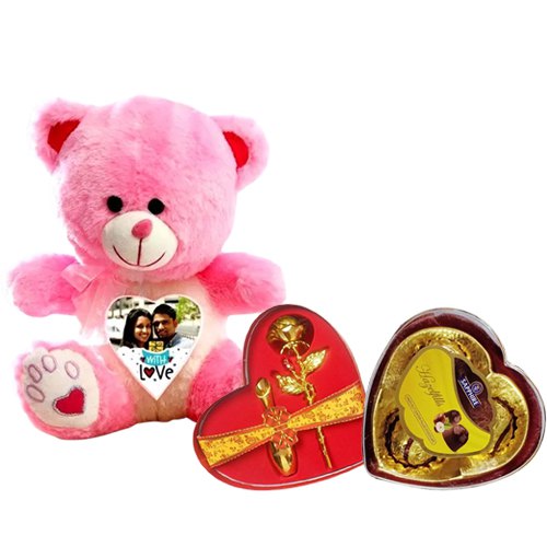 Classic Personalized Photo Teddy with Golden Rose Heart Shape Box  N  Sapphire Chocolates