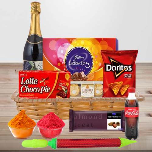 Chocolaty Treat N Fruit Juice Hamper with Holi Accessories