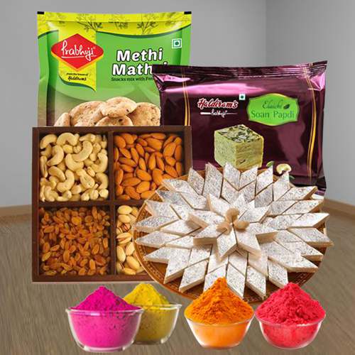 Delectable Haldiram Delights N Dry Fruits Hamper with Herbal Gulal