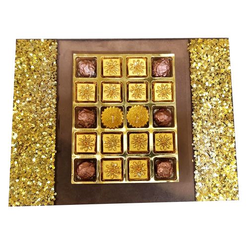 Diwali Gift of Golden Diya N Handmade Chocolate Wooden Tray