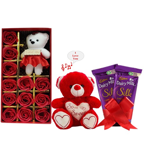 Lovely Trio of Artificial Red Roses with Chocolate N Singing Teddy