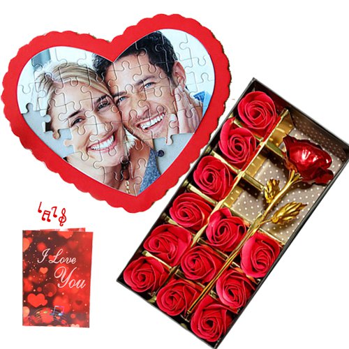 Marvelous Combo of Personalize Puzzle with Artificial Roses N Musical Greetings Card