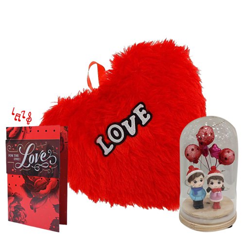 Special V-Day Trio of Couple Showpiece with Cushion N Musical Greetings Card