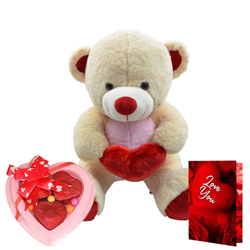 Amazing Combo of Teddy with Artificial Roses Chocolates N Card