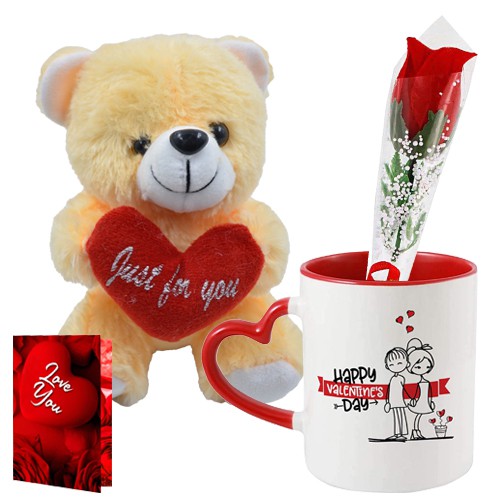 Breathtaking Combo of Teddy with Coffee Mug Rose Stick N Love You Card