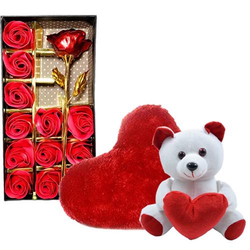 Exclusive Trio of Teddy with Artificial Red Roses N Heart Shape Cushion