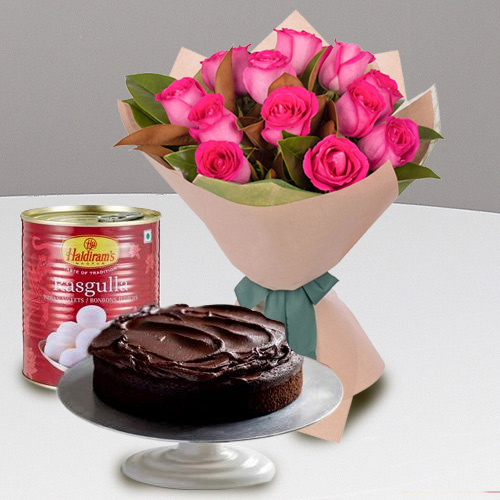 Red Roses Bouquet with Haldirams Rasgulla and Eggless Cake