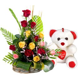 Pretty Mixed Roses Arrangement with Teddy