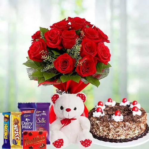 Teddy with Black Forest Cake Mixed Chocos N Dutch Roses