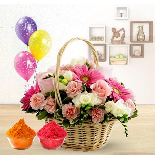 Colorful bouquet of beautiful Flowers and bright Balloons