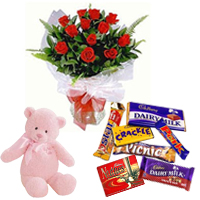 Red Rose Bouquet with Cadbury Celebrations N Teddy
