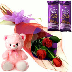 Teddy with Red Roses N Chocolates