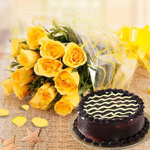Chocolate Cake with Yellow Rose Bouquet