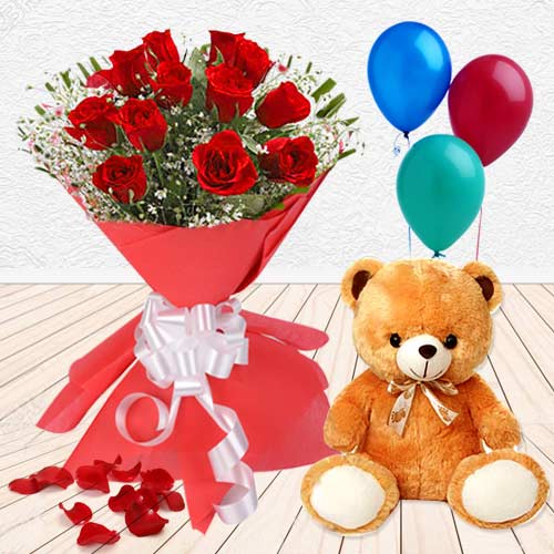 Red Roses with Teddy and Balloons