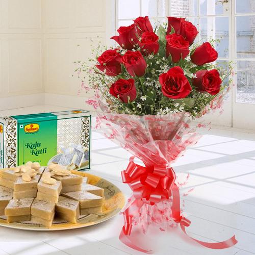 Red Rose Bouquet with Kaju Katli
