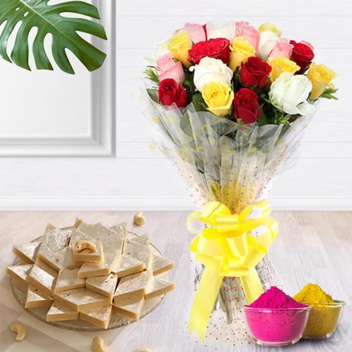 Charming assorted Roses with delicious Kaju Barfi delight
