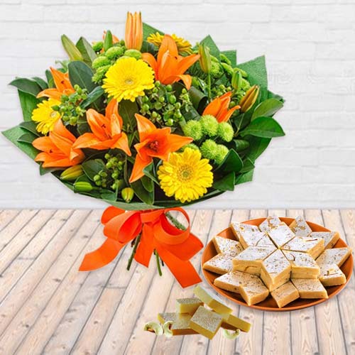 Seasonal Flowers and Kaju Barfi Combo
