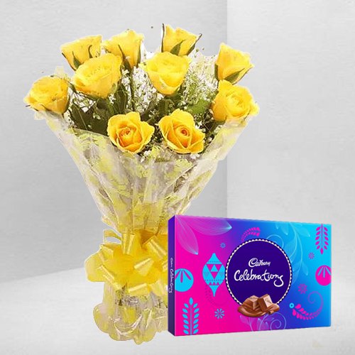 Beautiful Yellow Roses Bouquet N Cadbury Celebrations