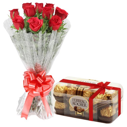 Pretty Bouquet of Red Roses with Ferrero Rocher Chocolates