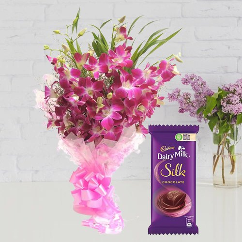 Bouquet of Orchids and Cadbury Dairy Milk Silk