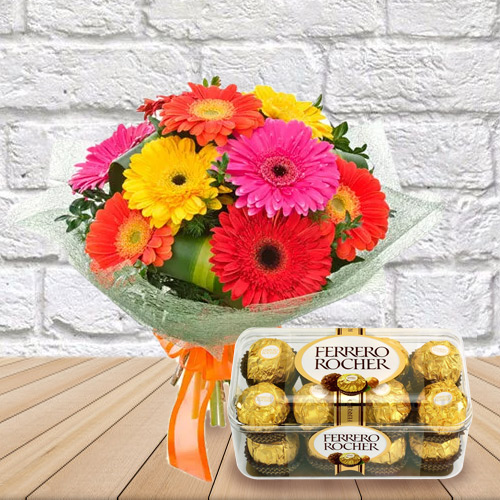 Exotic Ferrero Rocher Chocolates with Mixed Gerberas Bouquet