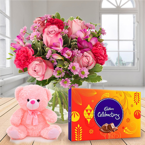 Pretty Mixed Flowers with Teddy and Cadbury Celebrations