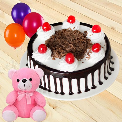 Pretty Single Rose Gift with Fresh Black Forest Cake Teddy and Balloons
